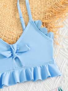 年轻女孩 1 套热带印花荷叶边比基尼套装夏季海滩 - 彩色 - 查看 4