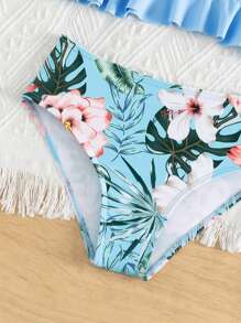 年轻女孩 1 套热带印花荷叶边比基尼套装夏季海滩 - 彩色 - 查看 5