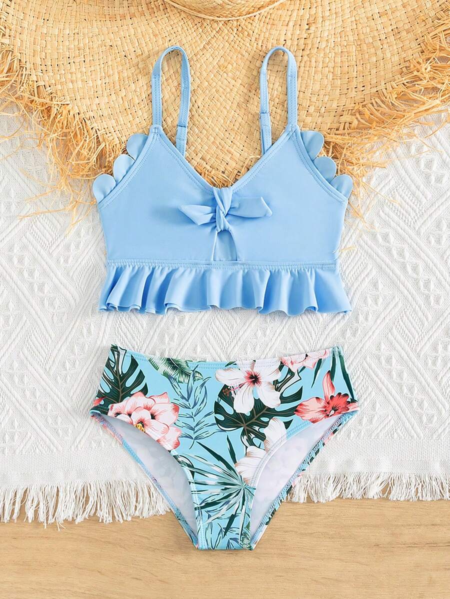 年轻女孩 1 套热带印花荷叶边比基尼套装夏季海滩 - 彩色 - 查看 1