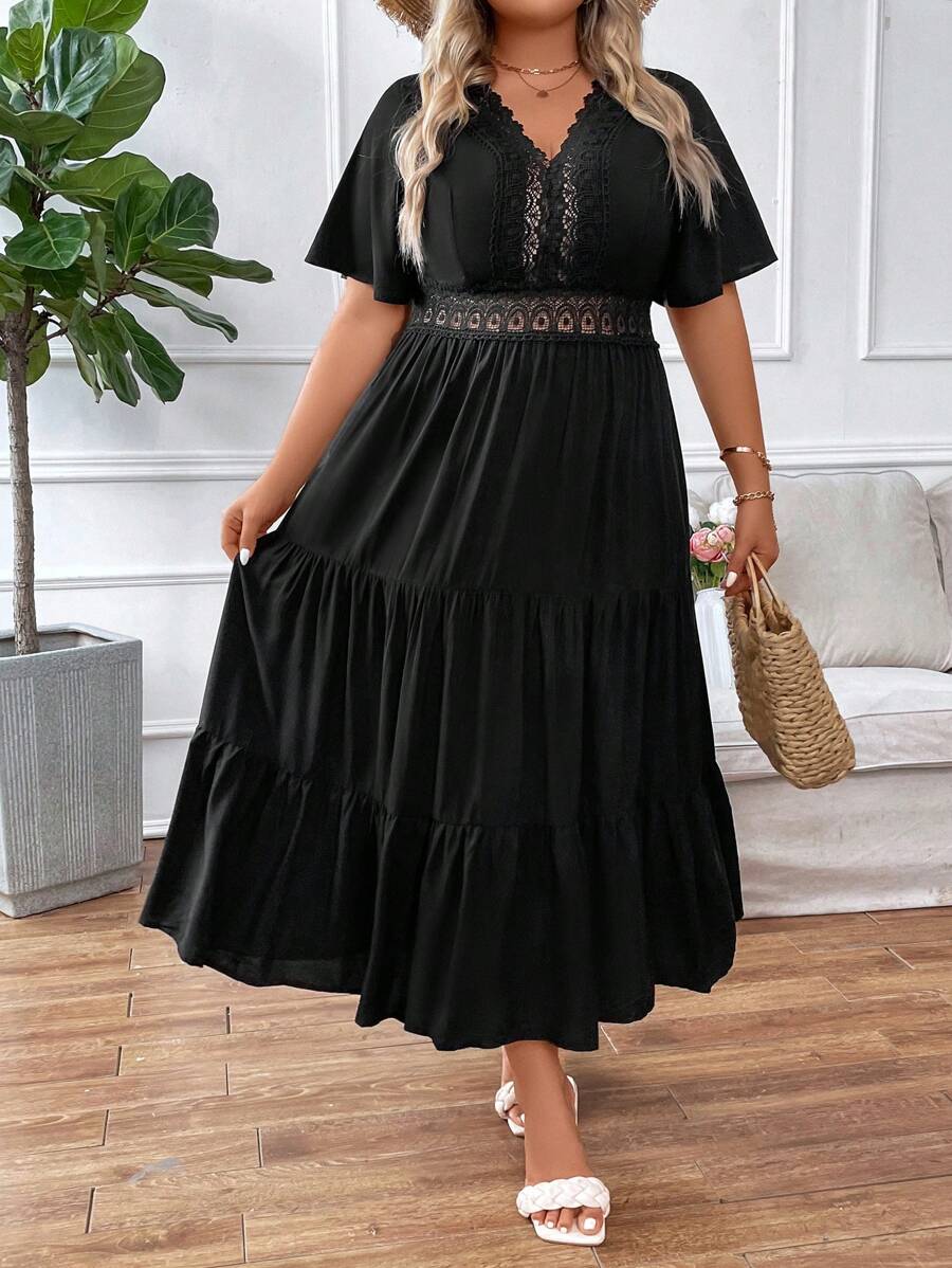 Shein Frenchy Vestido Longo Com Bainha Em Camadas E Inserção De Renda