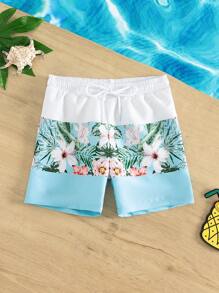 Young Boy 1pc Tropical Print Drawstring Waist Swim Shorts - Blue and White - View 1