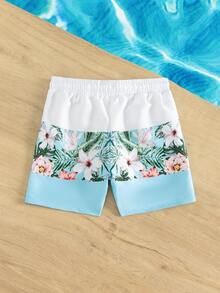 Young Boy 1pc Tropical Print Drawstring Waist Swim Shorts - Blue and White - View 2