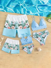 Young Boy 1pc Tropical Print Drawstring Waist Swim Shorts - Blue and White - View 3