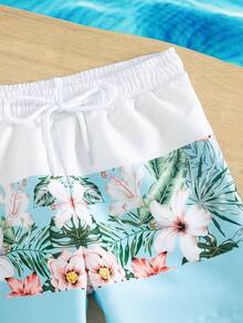 Young Boy 1pc Tropical Print Drawstring Waist Swim Shorts - Blue and White - View 4