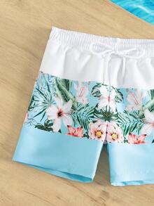 Young Boy 1pc Tropical Print Drawstring Waist Swim Shorts - Blue and White - View 5