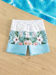 Young Boy 1pc Tropical Print Drawstring Waist Swim Shorts - Blue and White - View 6