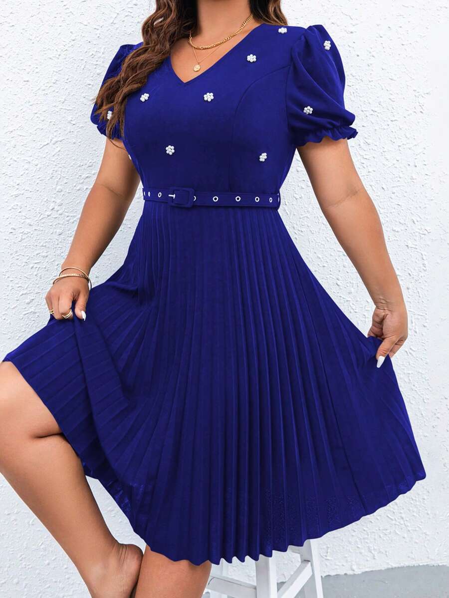 SHEIN Unity Đầm Plus Size Thắt lưng Ngọc trai Xếp li màu trơn Thanh lịch - Xanh đậm - Xem 1