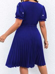 SHEIN Unity Đầm Plus Size Thắt lưng Ngọc trai Xếp li màu trơn Thanh lịch - Xanh đậm - Xem 2