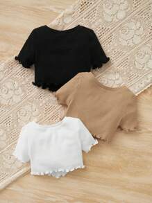 SHEIN 3pcs Baby Girl Casual And Comfortable T-Shirt Suitable For Spring And Summer - Camel - View 2
