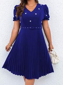 SHEIN Unity Đầm Plus Size Thắt lưng Ngọc trai Xếp li màu trơn Thanh lịch - Xanh đậm - Xem 5