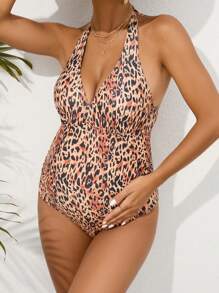 SHEIN Maternity Leopard Print Halter One-Piece Swimwear Summer Beach - Multicolor - View 1