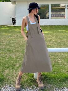 DAZY Vestido overol unicolor sin top tank - Caqui - Ver 2