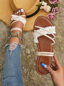 Dép thời trang màu be cho nữ, Dép trượt trang trí ngọc trai giả - Màu be - Xem 1