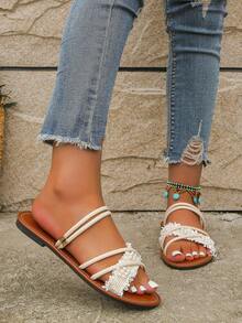 Dép thời trang màu be cho nữ, Dép trượt trang trí ngọc trai giả - Màu be - Xem 3