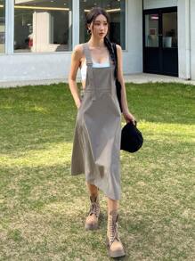 DAZY Vestido overol unicolor sin top tank - Caqui - Ver 4