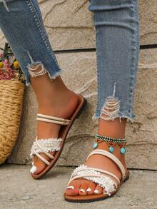 Dép thời trang màu be cho nữ, Dép trượt trang trí ngọc trai giả - Màu be - Xem 5