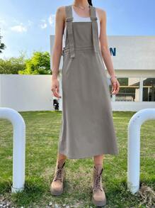 DAZY Vestido overol unicolor sin top tank - Caqui - Ver 6