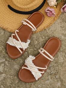 Dép thời trang màu be cho nữ, Dép trượt trang trí ngọc trai giả - Màu be - Xem 8