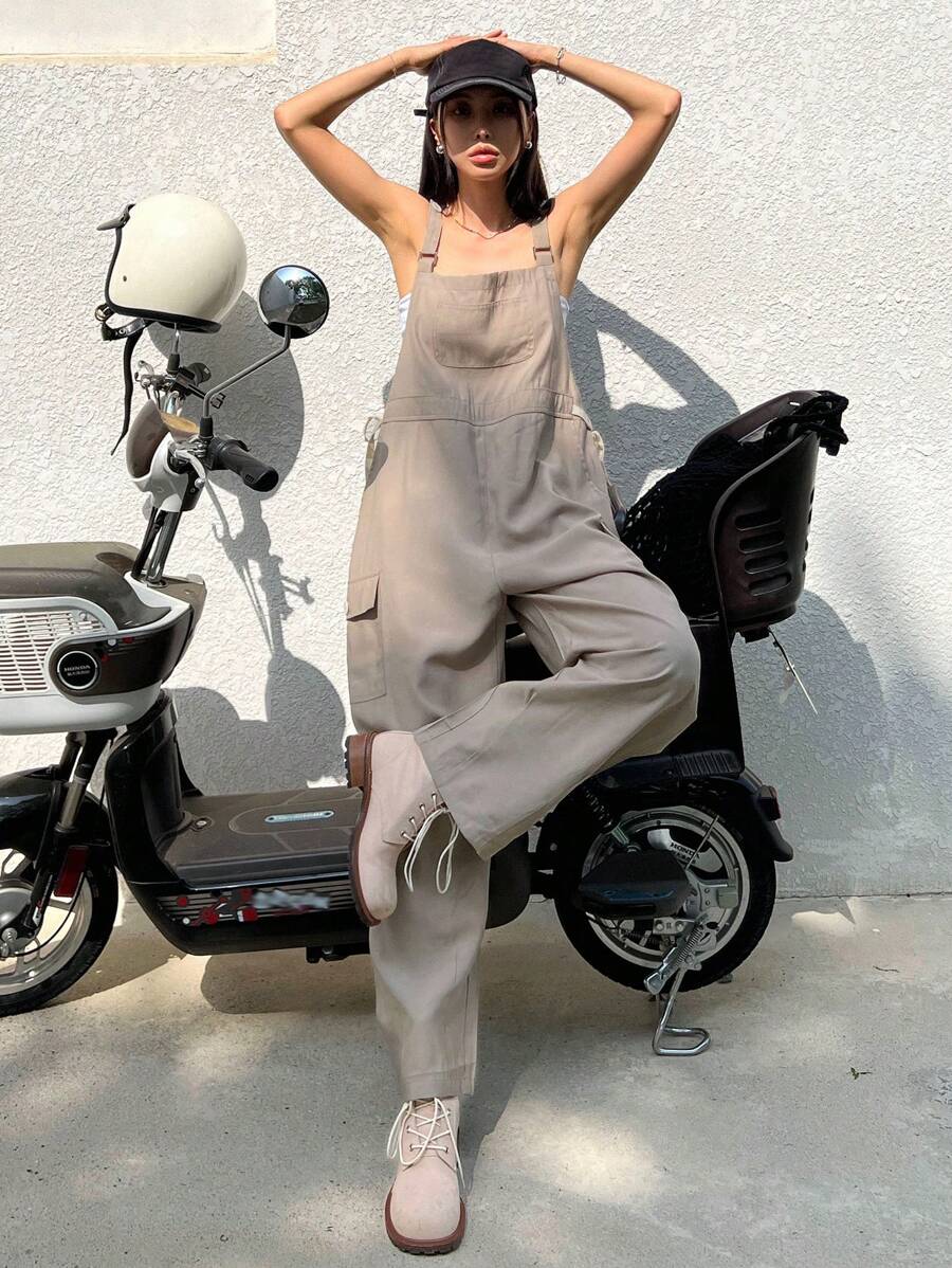 DAZY Solid Flap Pocket Side Overall Jumpsuit Without Tube Top - Khaki - View 1