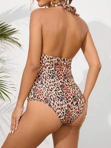 SHEIN Maternity Leopard Print Halter One-Piece Swimwear Summer Beach - Multicolor - View 2
