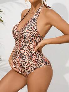 SHEIN Maternity Leopard Print Halter One-Piece Swimwear Summer Beach - Multicolor - View 3
