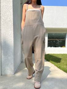 DAZY Solid Flap Pocket Side Overall Jumpsuit Without Tube Top - Khaki - View 8