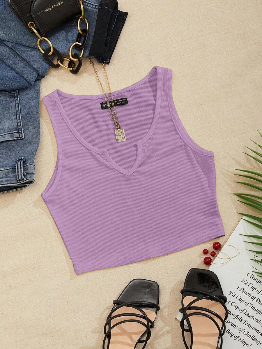 SHEIN Unity Áo khoác và áo lót dành cho xe tăng nữ Gân đan màu trơn Giải trí - Màu Lilac Tím - Xem 1