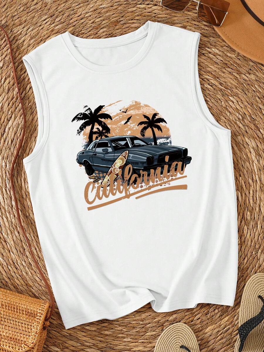 INAWLY Car & Letter Graphic Tank Top - White - View 1