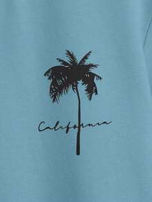 SHEIN Chicos Camiseta con estampado de árbol de coco sin collar - Azul - Ver 3