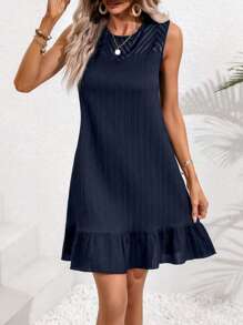 SHEIN LUNE Solid Ruffle Hem Smock Dress - Navy Blue - View 3
