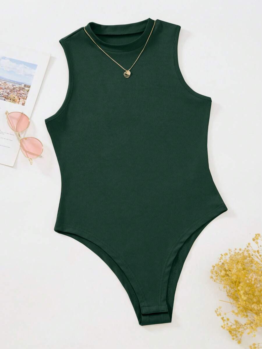 EMERY ROSE Summer Solid Ribbed Sleeveless Bodysuit - Dark Green - View 1