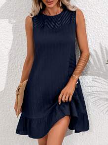 SHEIN LUNE Solid Ruffle Hem Smock Dress - Navy Blue - View 5