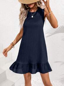 SHEIN LUNE Solid Ruffle Hem Smock Dress - Navy Blue - View 6
