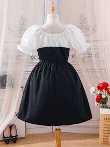 SHEIN Girls Two Tone Puff Sleeve Bow Front Dress - Black and White - View 2
