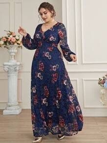 Plus Floral Print V Neck Lace Dress - Navy Blue - View 1