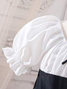 SHEIN Girls Two Tone Puff Sleeve Bow Front Dress - Black and White - View 5