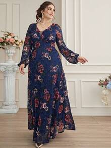 Plus Floral Print V Neck Lace Dress - Navy Blue - View 6