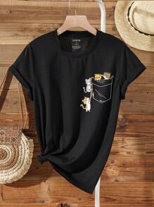 SHEIN LUNE Pocket & Cartoon Graphic Tee - Black - View 1
