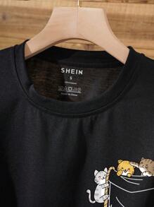 SHEIN LUNE Pocket & Cartoon Graphic Tee - Black - View 5