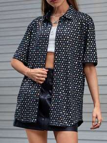 SWAVVY 1pc Contrast Sequin Shirt - Black - View 3