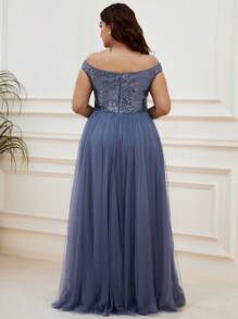 EVERPRETTY 大碼派對亮片拼接 拉鍊純色連衣裙 - 霧霾藍 - 查看 2