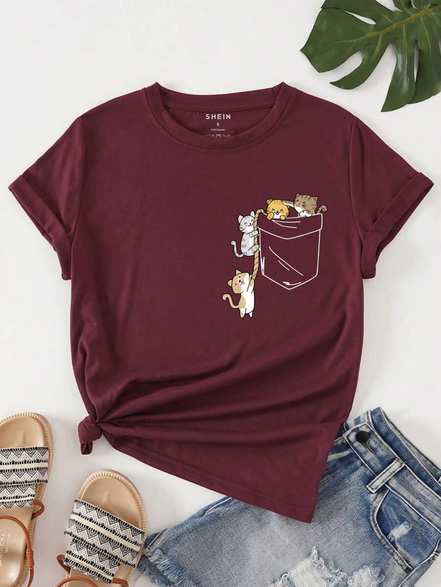 INAWLY Pocket & Cartoon Graphic Tee - Maroon - View 1