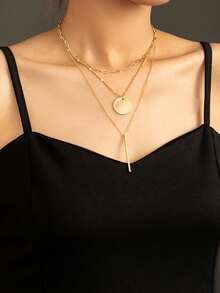 1 PC Thời Trang Hợp Kim Đồng Dây Chuyền Thiết Kế Mặt Dây Chuyền Tròn Lớp Vòng Cổ Cho Nữ Hẹn Hò Quà Tặng - Vàng - Xem 1