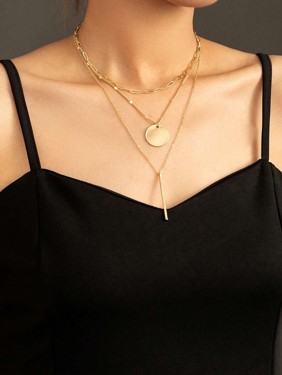 1 PC Thời Trang Hợp Kim Đồng Dây Chuyền Thiết Kế Mặt Dây Chuyền Tròn Lớp Vòng Cổ Cho Nữ Hẹn Hò Quà Tặng - Vàng - Xem 1