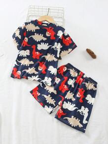 Toddler Boys Dinosaur Print PJ Set - Navy Blue - View 2