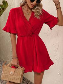 SHEIN VCAY Guipure Lace Trim Flounce Sleeve Ruffle Hem Romper - Red - View 4