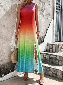 SHEIN LUNE 漸變圖案流蘇邊高衩背心連衣裙 - 彩色 - 查看 6