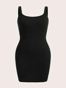 SHEIN ICON Plus Solid Tank Bodycon Dress - Black - View 1