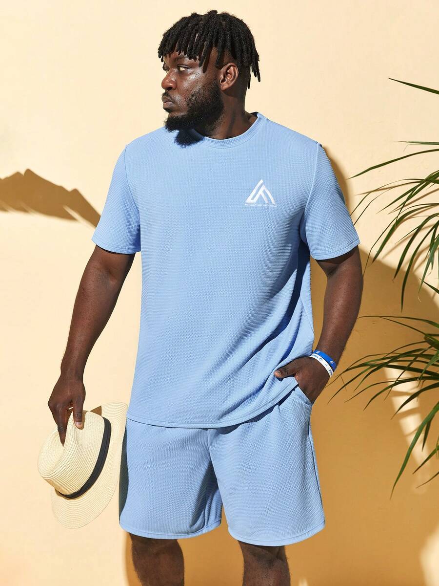 GENTILAND 男士標語圖案T恤和短褲 - 淺藍色 - 查看 1