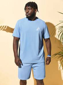 GENTILAND 男士標語圖案T恤和短褲 - 淺藍色 - 查看 3